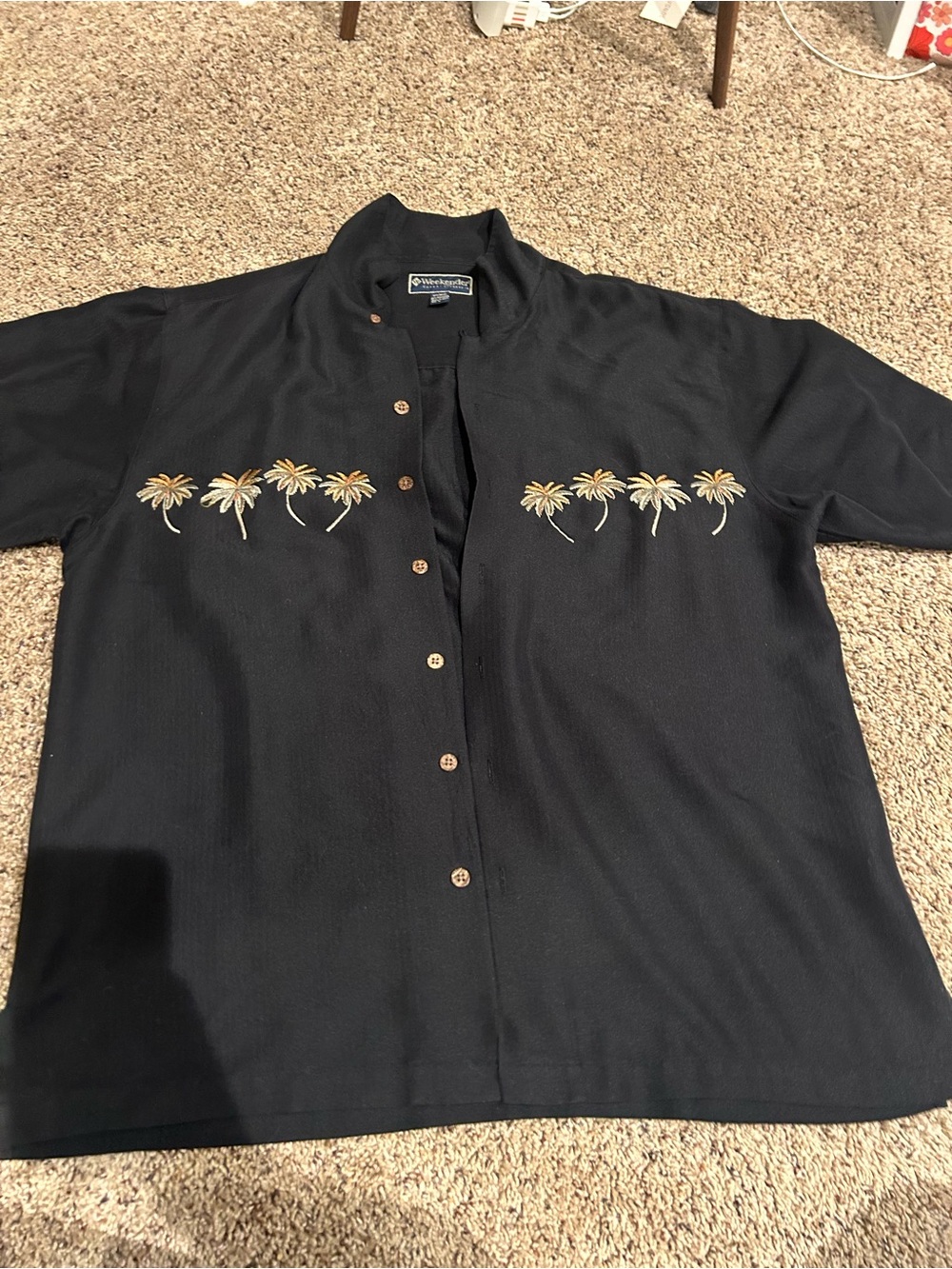 Weekenders Black Short-Sleeve Button-Down Shirt with Palm Embroidery